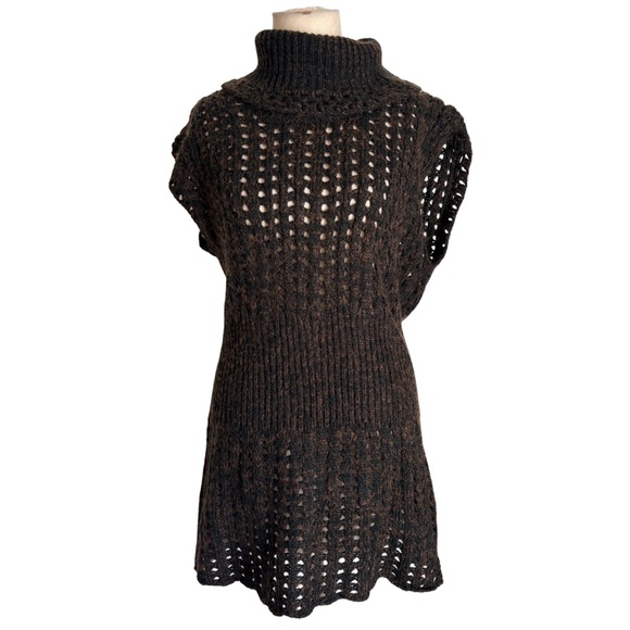Cache Sweaters - VTG y2k brown black cache chunky knit sweater short sleeve long top dress neck L